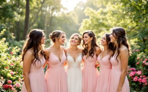 un-groupe-de-demoiselles-dhonneur-en-robes-assorties-souriant-ensemble-dans-un-jardin-baigne-par-la-lumiere-douce-du-soleil-avec-une-riche-toile-de-fleurs-en-arriere-plan
