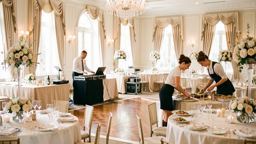 Réception de mariage élégante dans une salle lumineuse, avec un DJ près de la piste, des tables dressées et une équipe de traiteur en préparation.