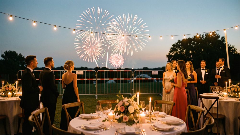 Réception de mariage élégante en plein air au crépuscule, avec des invités observant un feu d’artifice au loin derrière un périmètre sécurisé.