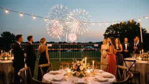Réception de mariage élégante en plein air au crépuscule, avec des invités observant un feu d’artifice au loin derrière un périmètre sécurisé.