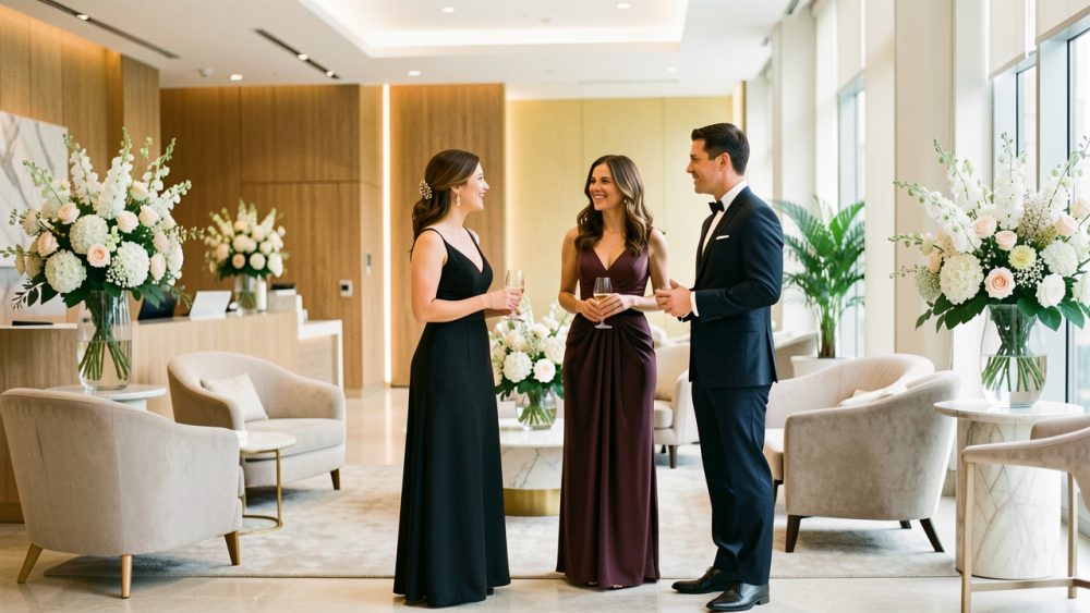 Des invités élégants échangent dans une réception d’entreprise lumineuse, entourés de mobilier design et de compositions florales dans une ambiance chaleureuse.