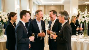 Des hommes et des femmes souriants échangent lors d’une réception professionnelle élégante dans un espace lumineux décoré avec raffinement.