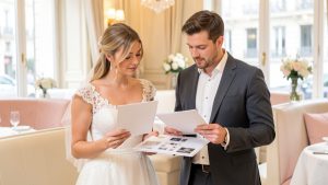 Un futur marié et une future mariée consultent ensemble des brochures vierges et une liste de prestataires dans les allées élégantes et lumineuses d’un salon du mariage à Lyon.